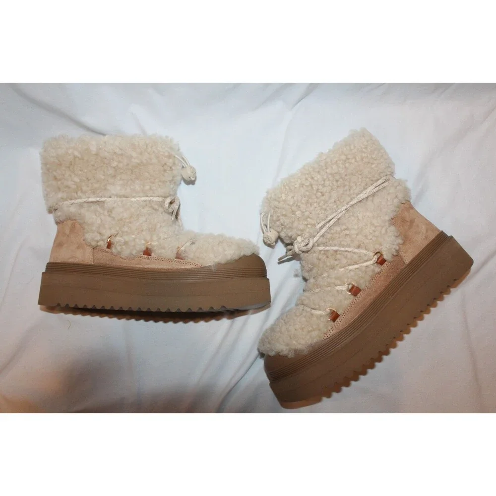 Tory Burch Women's Mellow Shearling Platform Boots Buttermilk Brown 9.5 $500